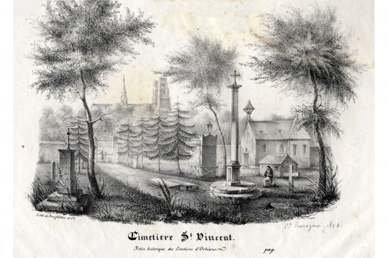 Cimetière Saint-Vincent, lithographie imprimée, Sennefelder et Cie, dans Cimetières d’Orléans, C.-F. Vergnaud-Romagnési, 1824